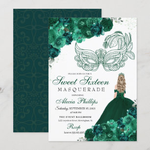 Invitation Emerald Green Floral Masquerade Sweet 16 invitatio