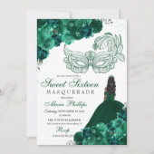 Invitation Emerald Green Floral Masquerade Sweet 16 invitatio (Devant)