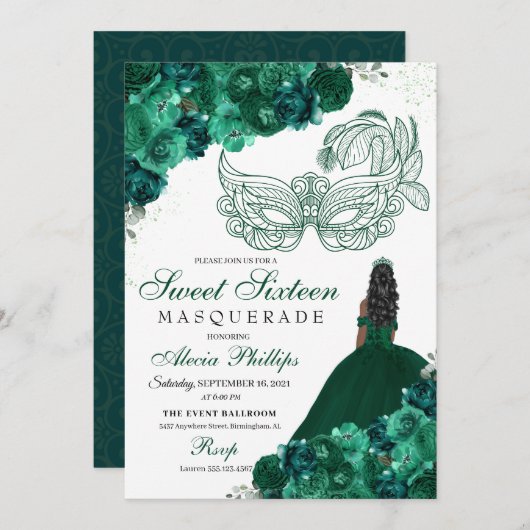 Invitation Emerald Green Floral Masquerade Sweet 16 invitatio (Devant / Derrière)