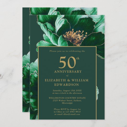Invitation Emerald Green Floral Moderne 50e Anniversaire (Devant / Derrière)