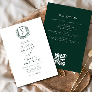 Invitation Emerald Green Floral Monogram Mariage QR Code