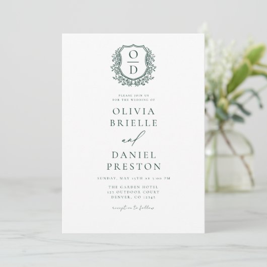 Invitation Emerald Green Floral Monogram Mariage QR Code (Debout devant)