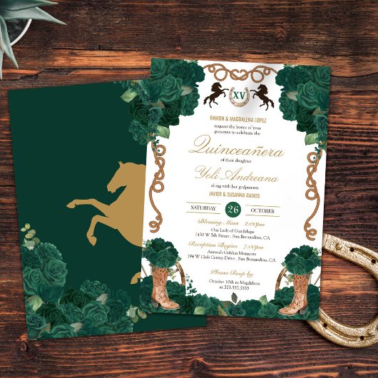 Invitation Emerald Green Floral Ouest Charra Quinceanera