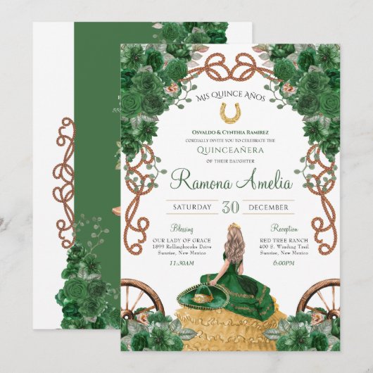 Invitation Emerald Green Floral Ouest Charra Quinceañera (Devant / Derrière)