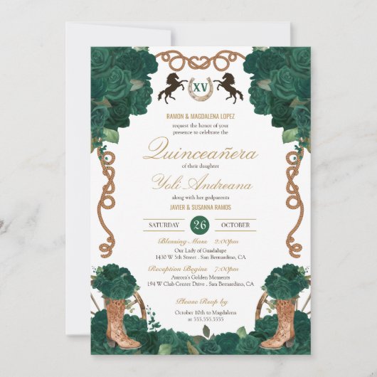 Invitation Emerald Green Floral Ouest Charra Quinceanera (Devant)