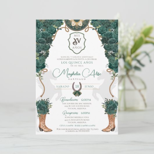Invitation Emerald Green Floral Ouest Charro Quinceañera (Debout devant)