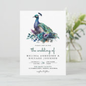Invitation Emerald Green Floral Peacock Photo QR Code Mariage (Debout devant)