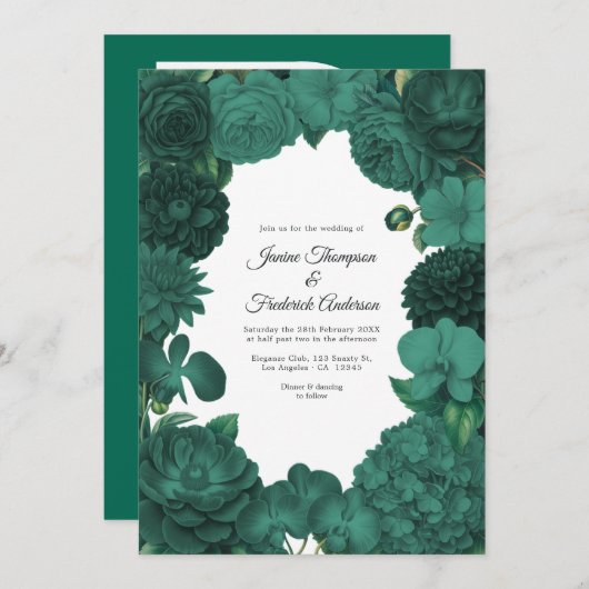 Invitation Emerald Green Floral Photo and QR Code Wedding (Devant / Derrière)