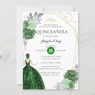 Invitation Emerald Green Floral Photo géométrique Quinceañera