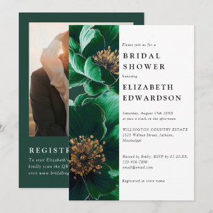 Invitation Emerald Green Floral Photo QR Code Fête des mariée