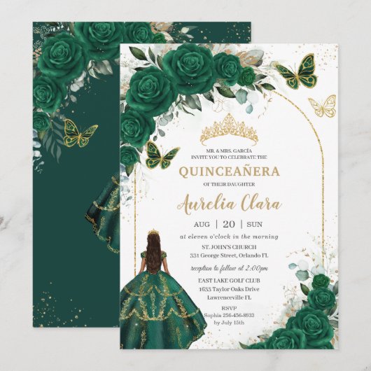 Invitation Emerald Green Floral Princess Quinceañera (Devant / Derrière)