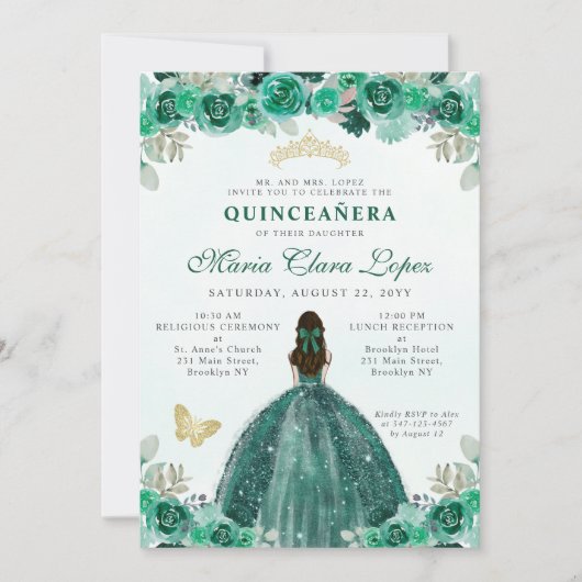 Invitation Emerald Green Floral Princess Quinceañera (Devant)