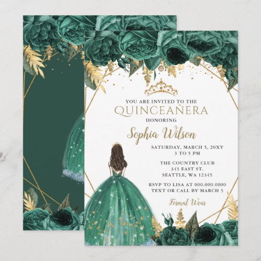 Invitation Emerald Green Floral Princess Quinceañera in (Devant / Derrière)