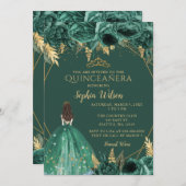 Invitation Emerald Green Floral Princess Quinceañera in (Devant / Derrière)