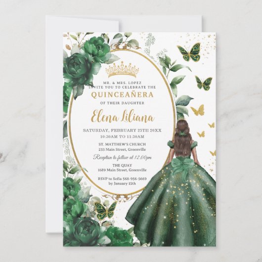 Invitation Emerald Green Floral Princess Robe Quinceañera (Devant)