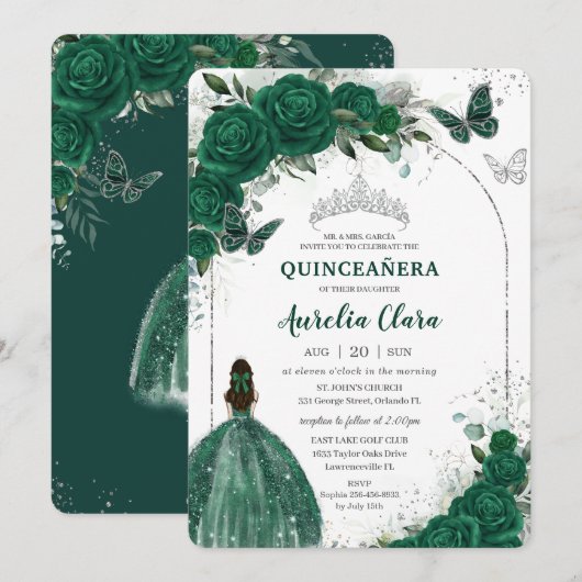 Invitation Emerald Green Floral Princess Silver Quinceañera (Devant / Derrière)