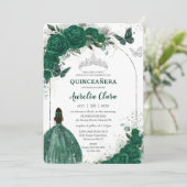Invitation Emerald Green Floral Princess Silver Quinceañera (Debout devant)