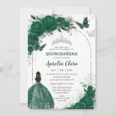 Invitation Emerald Green Floral Princess Silver Quinceañera (Devant)