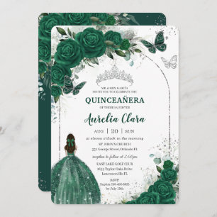 Invitation Emerald Green Floral Princess Silver Quinceañera