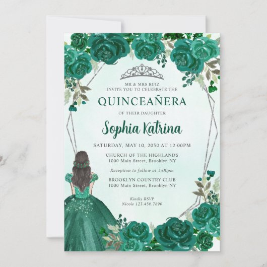 Invitation Emerald Green Floral Princesse Tiara Quinceañera (Devant)