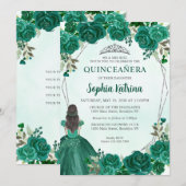 Invitation Emerald Green Floral Princesse Tiara Quinceañera (Devant / Derrière)