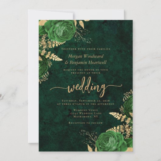 Invitation Emerald Green Floral QR Code Mariage (Devant)