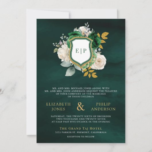 Invitation Emerald Green Floral QR Code Photo Crest Mariage (Devant)