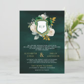 Invitation Emerald Green Floral QR Code Photo Crest Mariage (Debout devant)