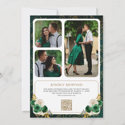 Invitation Emerald Green Floral QR Code Photo Crest Mariage (Dos)