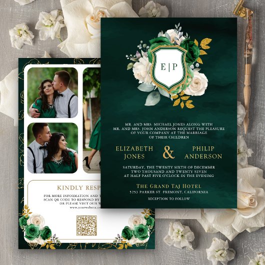 Invitation Emerald Green Floral QR Code Photo Crest Mariage