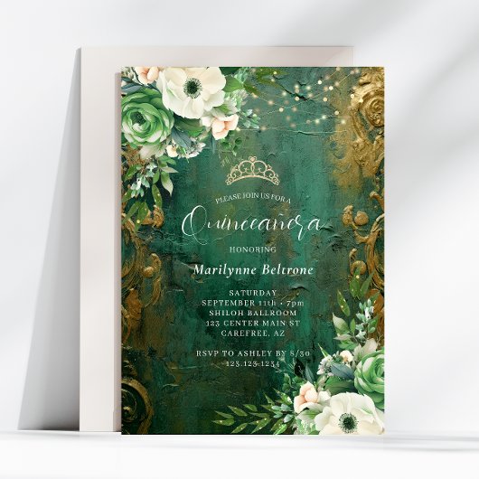 Invitation Emerald Green Floral Quinceañera