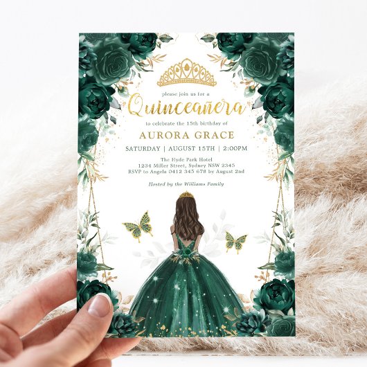 Invitation Emerald Green Floral Quinceañera Couronne Princess