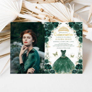 Invitation Emerald Green Floral Quinceañera Princess Photo