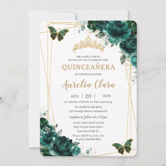 Invitation Emerald Green Floral Quinceanera Sweet 16 Annivers (Devant)