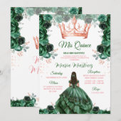 Invitation Emerald Green Floral Rose Gold Crown Mis Quince (Devant / Derrière)