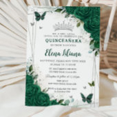 Invitation Emerald Green Floral Silver Quinceañera Sweet 16
