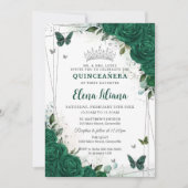 Invitation Emerald Green Floral Silver Quinceañera Sweet 16 (Devant)