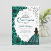 Invitation Emerald Green Floral Silver White Quinceanera (Debout devant)