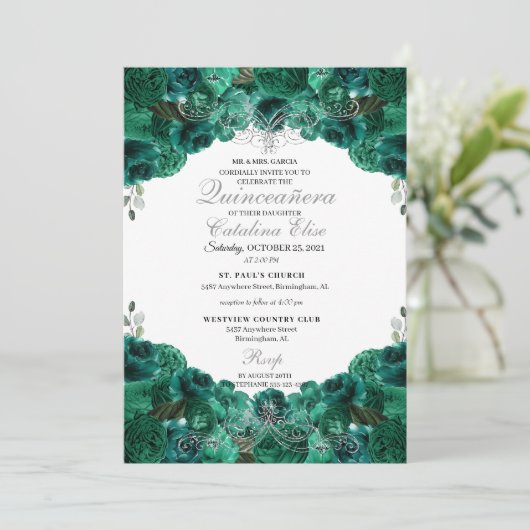 Invitation Emerald Green Floral Sweet 15 Quinceanera (Debout devant)