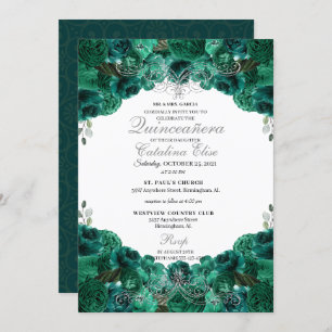 Invitation Emerald Green Floral Sweet 15 Quinceanera