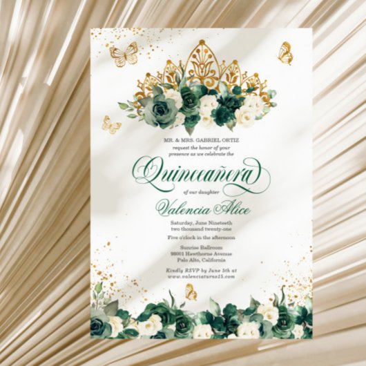 Invitation Emerald Green Floral Tiara + Butterfly Quinceanera