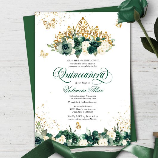 Invitation Emerald Green Floral Tiara + Butterfly Quinceanera