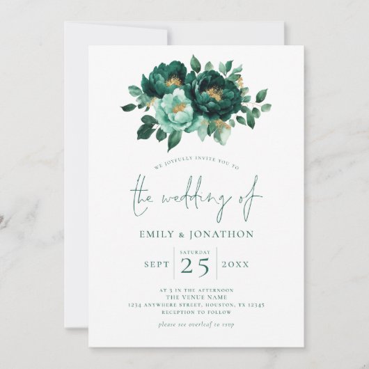 Invitation Emerald Green Florals or QR Code Mariage (Devant)