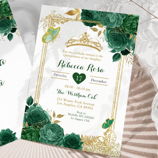 Invitation Emerald Green Flowers Gold Royal Quinceañera