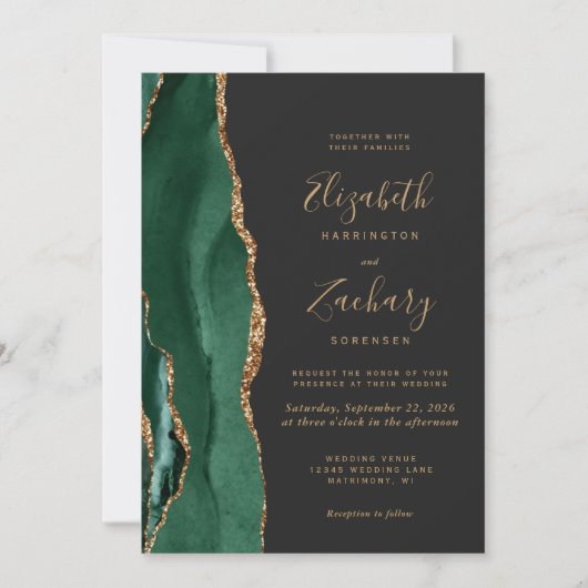 Invitation Emerald Green Gold Agate Ardoise QR Code Mariage (Devant)