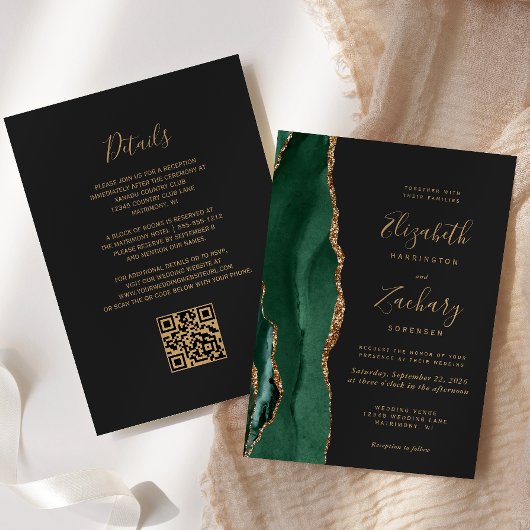 Invitation Emerald Green Gold Agate Ardoise QR Code Mariage