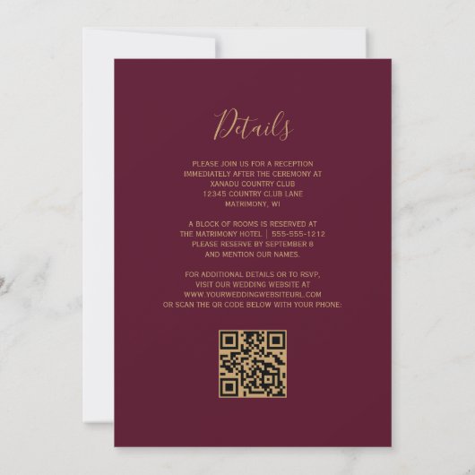 Invitation Emerald Green Gold Agate Bourgogne Code QR Mariage (Dos)
