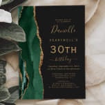 Invitation Emerald Green Gold Agate Dark 30th Birthday Party<br><div class="desc">Le bord gauche de cette élégante invitation de fête du 30e anniversaire moderne comporte une bordure en aquarelle vert émeraude bordée d'une fausse parties scintillant dorée. Le texte personnalisable combine écriture manuscrite dorée, cuivre et polices italiques sur un arrière - plan noir ardoise. L'envers est assorti d'une agate vert émeraude...</div>