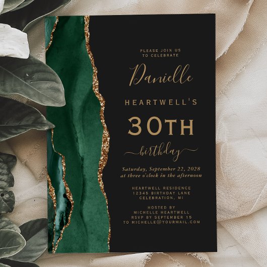 Invitation Emerald Green Gold Agate Dark 30th Birthday Party