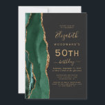 Invitation Emerald Green Gold Agate Dark 50th Birthday Party<br><div class="desc">Le bord gauche de cette élégante invitation à la fête d'anniversaire moderne comporte une bordure en aquarelle vert émeraude bordée d'une fausse parties scintillant dorée. Le texte personnalisable combine écriture manuscrite dorée, cuivre et polices italiques sur un arrière - plan noir ardoise. L'envers est assorti d'une agate vert émeraude et...</div>